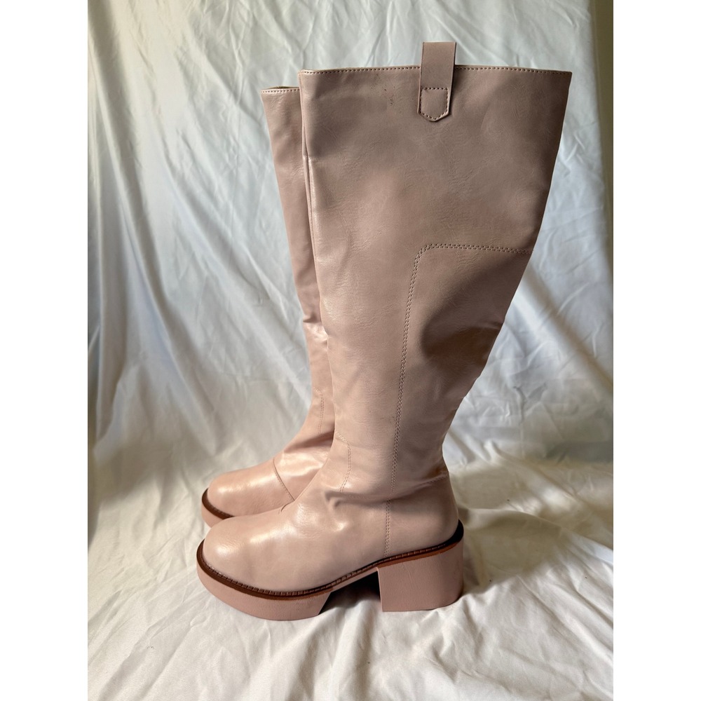 Pink Platform Knee High Boots Chunky Block Heel Size 8.5 Zip Up Retro Style